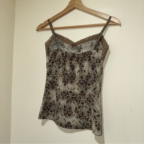 Women’s Vintage Y2K Brown Paisley Print Lace Trim Sparkle Cami Tank Top Size L - Picture 9 of 13